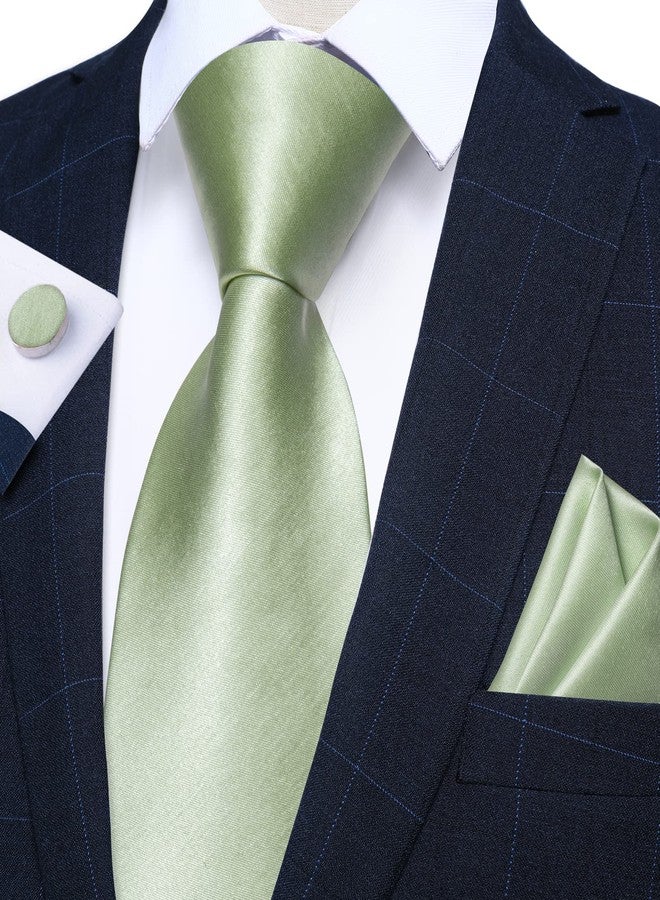 DiBanGu Light Green Tie for Men Satin Green Necktie and Pocket Square Cufflinks Sets Wedding Party - Image 2